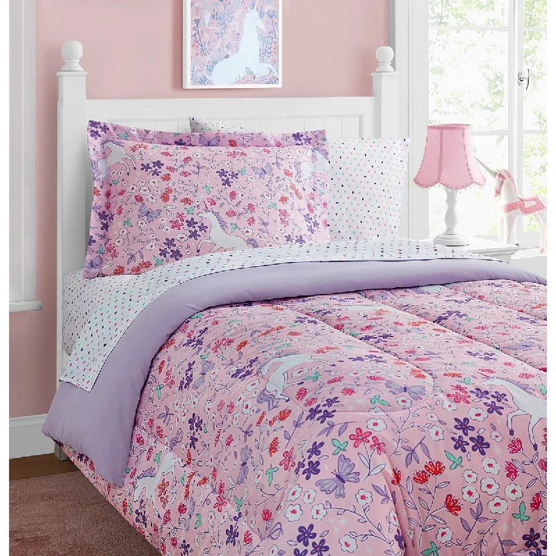 Unicorn Floral Pink/Lilac/Aqua Ultra Soft Microfiber Comforter Set with sheet set