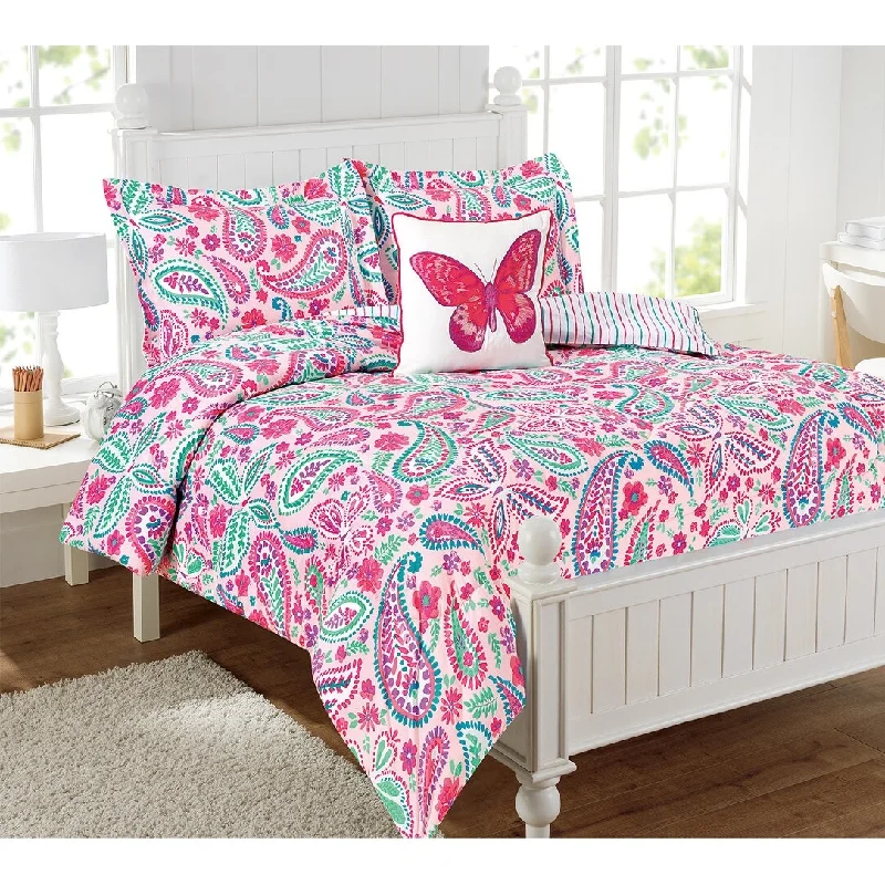 Watercolor Flutter Pink Floral Comforter Set With Butterfly Throw Pillow