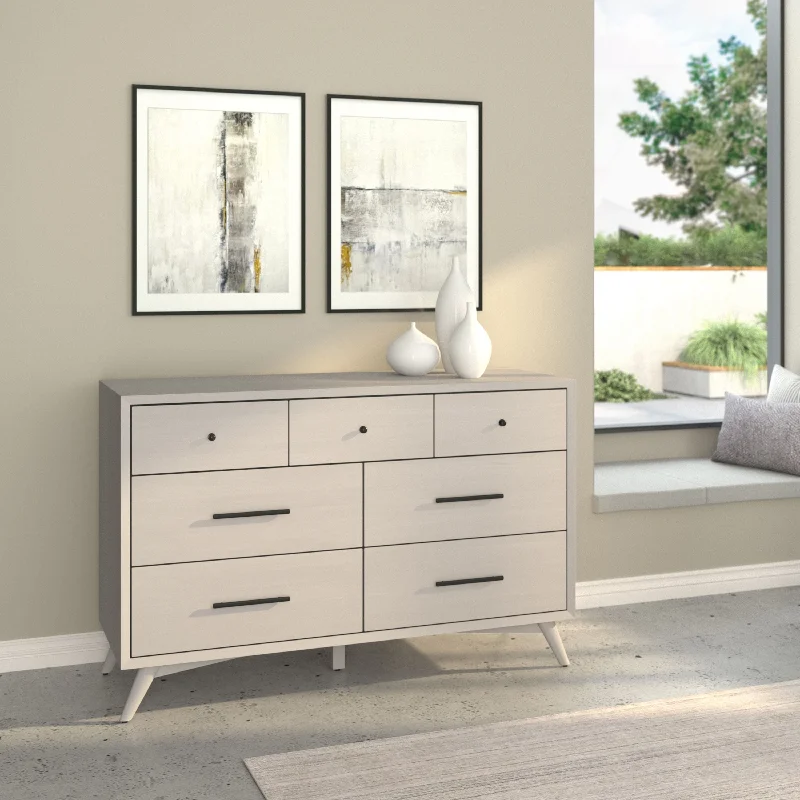 Alpine Furniture Flynn Mid Century Modern 7 Drawer Dresser in Gray