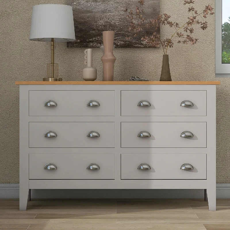 Country Gray Oak 6-Drawer Dresser with Oak Veneers - Smart Storage Solution for Classic Charm