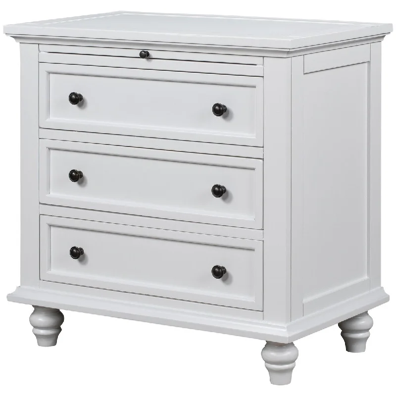 Enid 28 Inch Nightstand Dresser Table, 3 Drawers Tray Top, White Pine Wood