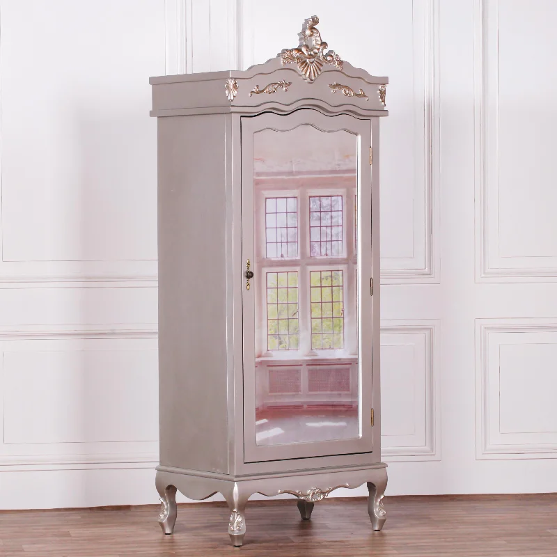 French Silver Single Door Armoire With Mirrored Door