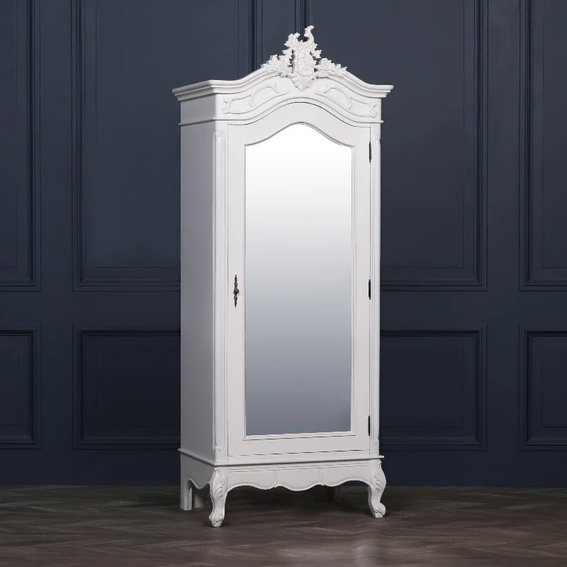 French White Carved Single Door Armoire With Mirrored Door