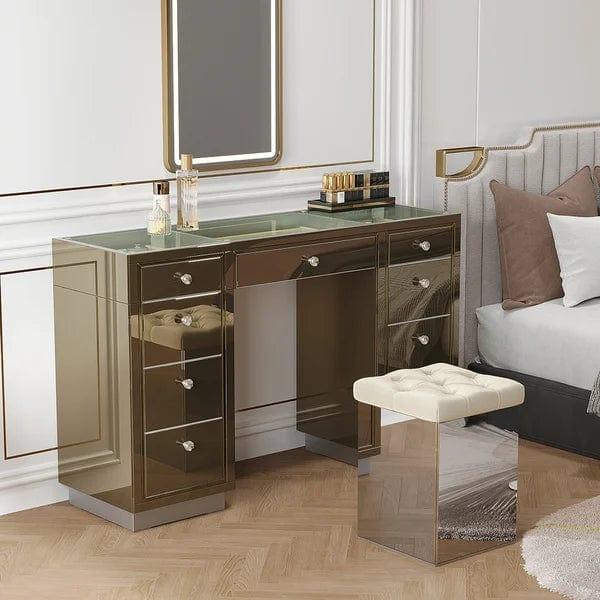 Oscar Mirrored Makeup Vanity Set 9-Drawer Dressing Table with Glass Top & Jewelry Storage with Desk and Stool Makeup Vanity Table