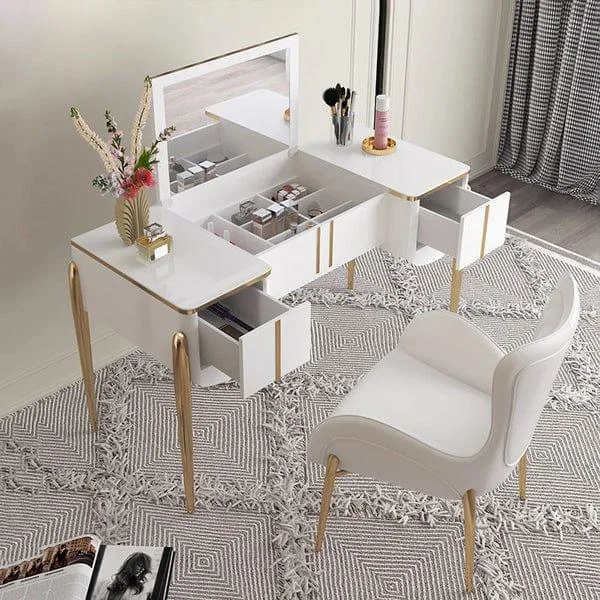 Juan White Makeup Vanity Expandable Dressing Table with Cabinet with Chair, Vanity Table Set with Mirror, Medium Density Fiberboard Modern Makeup Vanity Dressing Desk with 2 Drawers and One Shelves