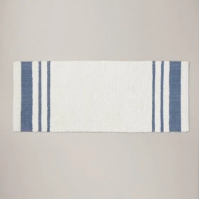 New - 24"x60" Border Stripe Bath Rug Cream/Blue - Hearth & Hand with Magnolia: