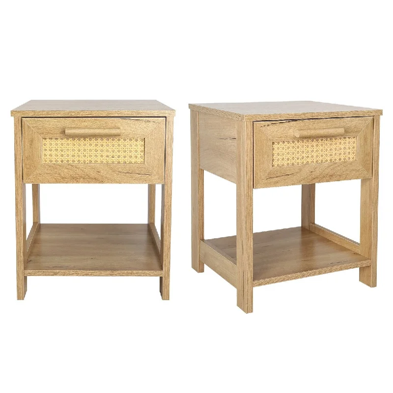 Nightstand set of 2 with Rattan Design, Small Dresser with 1 Drawers and 1 Open Storage Shelves