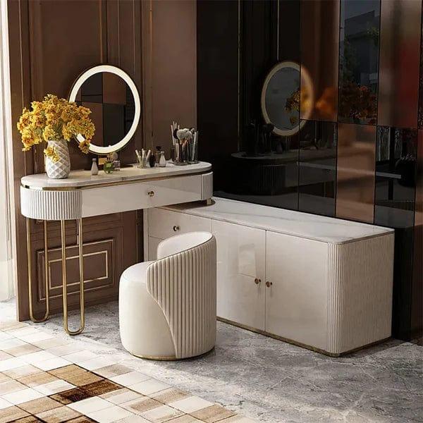 Javiera Modern Marble Top Makeup Vanity Dressing Table with Corner Cabinet, Modern Vanity Desk, Makeup Vanity with LED Mirror and 4 Spacious Drawers, Makeup Desk with Cabinet, Dressing Table with Silent Drawer Slides