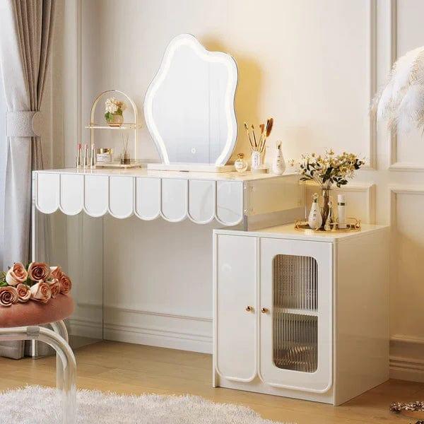 Elzbieta Vanity Dressing Table With Mirror & Stool Vanity Desk with, 2 Drawers, Makeup Vanity Table Set with Lights, Dressing Table for Women Girls