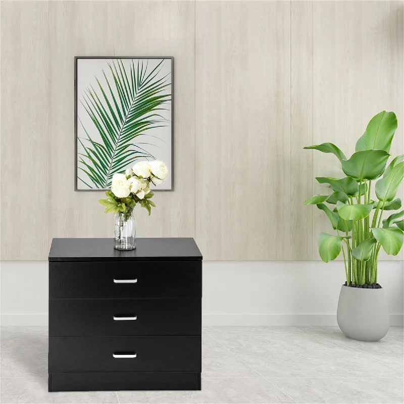 Wood Nightstand 3-Drawer Dresser Black