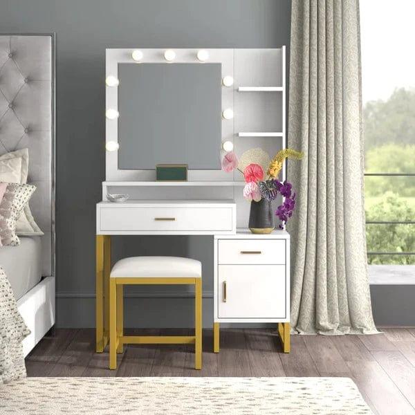 Leon dressing table design with mirror, with stool, with drawers, Makeup Vanity Desk with Light Mirror, Makeup Table with Stool and 3 Drawers, White