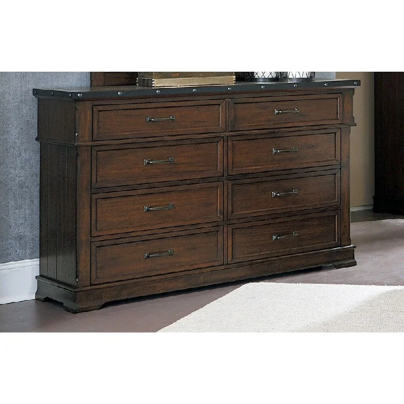 Wooden Double Drawer Dresser with Rivet Banding, Burnished Brown