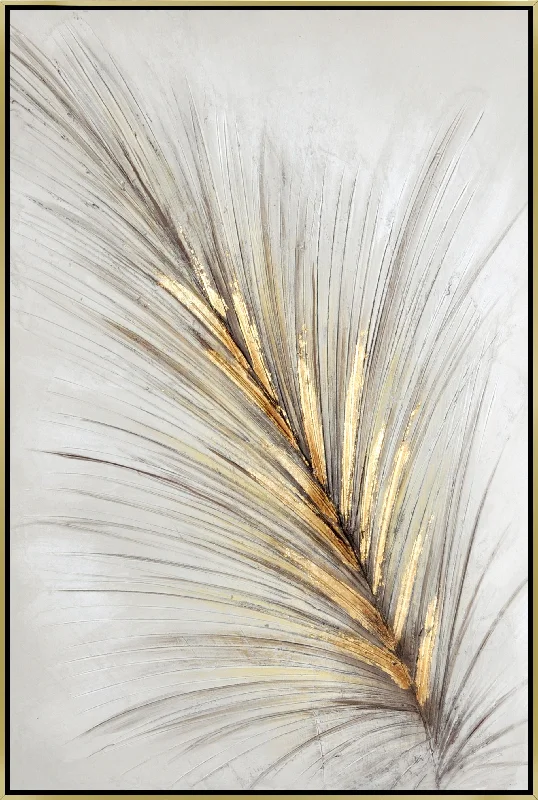 Hand Painted Textured Canvas With Foil In Frame Feather In Gold - Gold