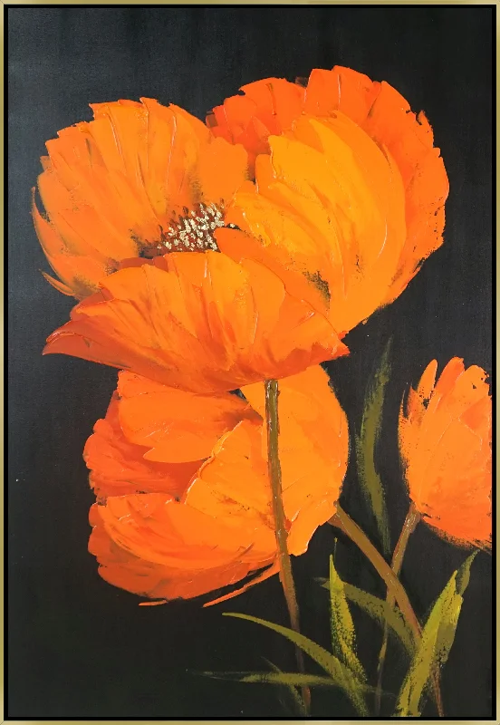 Hand Painted Textured Canvas With Foil In Frame Orange Flowers - Orange