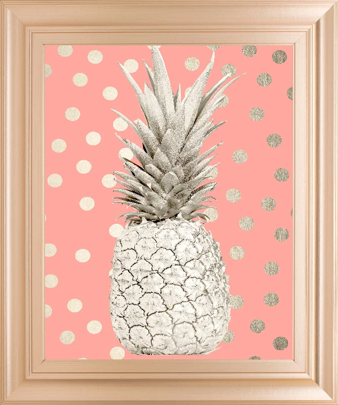 White Gold Pineapple On Polka Dots Pink By Nature Magick - Framed Print Wall Art - Gold